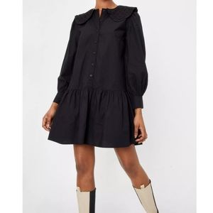 Influence at Nasty Gal Broderie Collared Cotton Poplin Smock Dress, Black US 8